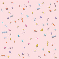 Pastel falling confetti on pink background. Carnival geometric pattern vector illustration. 