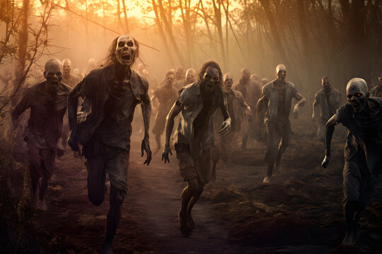 group of zombies running in forest at morning. Neural network generated image. Not based on any actual person or scene.