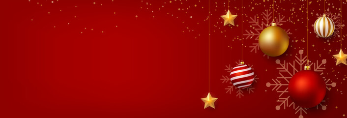 Christmas background. Christmas banner design with christmas balls, stars decoration. Holiday red  background template. Vector illustration