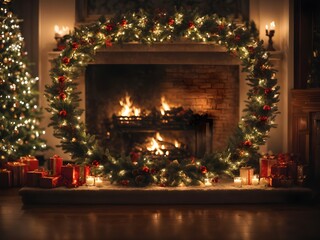 Fototapeta na wymiar Beautiful Christmas tree and fireplace on wooden floor in cozy living room