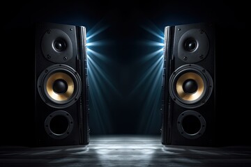 background black space free speakers sound two studio speaker equipment wave audio stereo music technology bass rock volume closeup close up box loudspeaker concert concept - obrazy, fototapety, plakaty