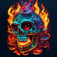 Skull with fire flames and neon light on black background. Halloween 