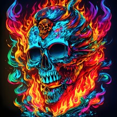 Skull with fire flames and neon light on black background. Halloween 