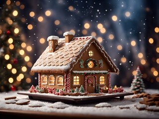 Homemade gingerbread house in the icing snow with blurry background.