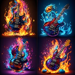 Skull playing electric guitar in fire flames on black background. Halloween concept.