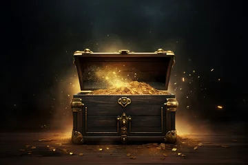 Fotobehang stars sparkles glowing chest treasure opened star sparkling rising gold glow magical box trunk wooden old dark black light lid gift christmas holiday brass lock clasp discovery surprise © akkash jpg