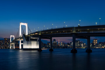 Fototapeta na wymiar ライトアップされたレインボーブリッジと東京都心の夜景