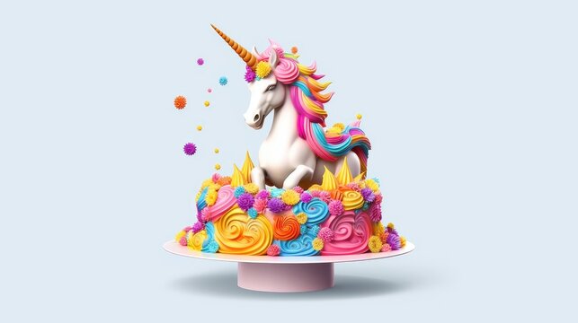3d rendered cute unicorn cake for birthday