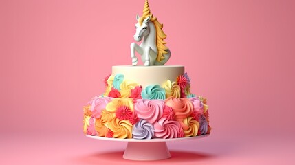 3d rendered unicorn sweet birthday cake with pink background