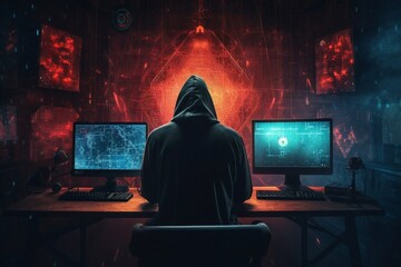 Mysterious hacker wearing a dark hooded sweatshirt sitting in front of computer monitors,...