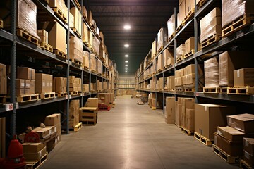 Warehousing Product warehouse storage manufacturing manufacture factory industry industrial assemble assembly build business crate deliver delivery store shipment ship shipping package part pickup - obrazy, fototapety, plakaty