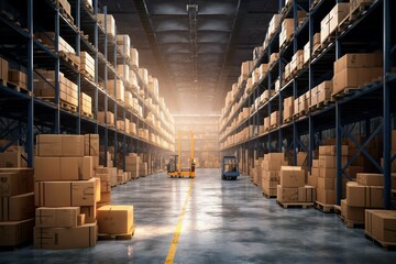 view indoor warehouse storage pallet box three-dimensional rendering illustration shipping cargo industry industrial forklift business service distribution logistic factory interior delivery market
