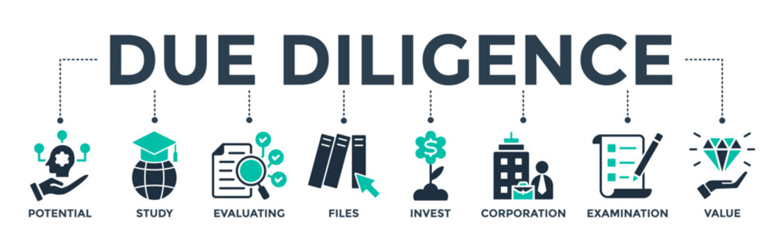 Due diligence banner web icon vector illustration concept with icons of potential, study, evaluating, files, invest, corporation, examination, and value