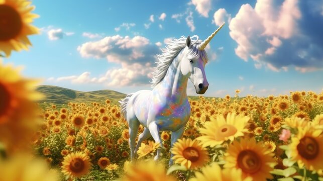 a unicorn roaming in sunflower field with cloudy sky