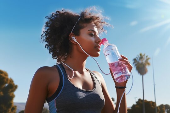 park day sunny exercising out working bottle water reusable drinking earphones music listening woman american african young athlete fitness drink