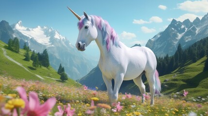 Obraz na płótnie Canvas a unicorn horse in spring floral meadows