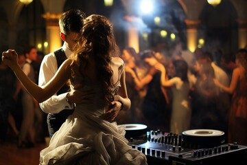 celebration wedding party couples dancing dj mixer background music reception event happy white woman marriage groom blur beauty people band male love
