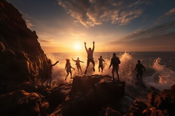 Illustration of Friends Jumping into the Ocean Together
