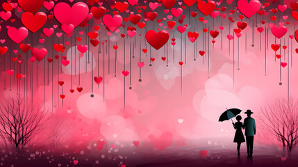 minimalistic valentines day background with couple walking under rain of hearts. Neural network generated image. Not based on any actual scene or pattern. - obrazy, fototapety, plakaty