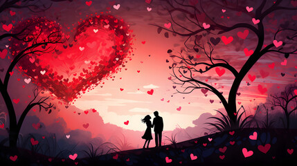 valentines day background - silhouette of couple in love among trees with hearts as leaves. Neural network generated image. Not based on any actual scene or pattern.