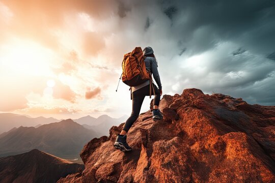 concept destination travel scovery top mountain rise backpack woman young peak mountain sunrise hiking hiker woman success   woman mountain trekking canyon destination hill hiking hiker