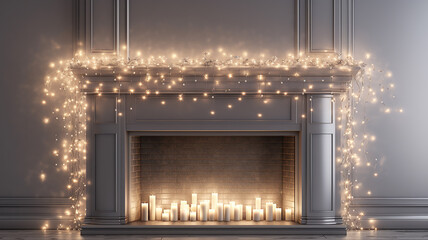 christmas fireplace decoration with lights glowing on a gray background wall