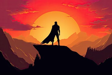 Male Superhero Silhouette Standing Strong on a Majestic Mountain Peak