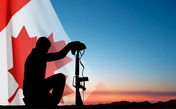 Silhouette of soldier kneeling down with Canada flag against the sunset. Greeting card for Poppy Day, Remembrance Day. EPS10 vector