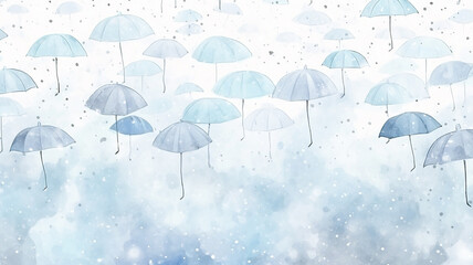 abstract watercolor background snowfall, christmas view blurred blizzard light blue snowflakes on a white city background