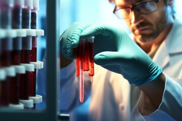 laboratory technician holding blood tube test disease sample hand analysis men at work collect health care medicals plasma nurse clinical clinic hospital equipment tool biology extraction rack