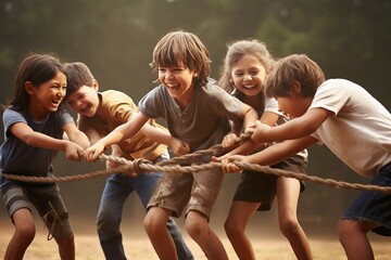 war tug playing children   tug of war rope pull children children friends fun laughing team group sport interracial competition success friendship summer together carefree children boy girl - obrazy, fototapety, plakaty