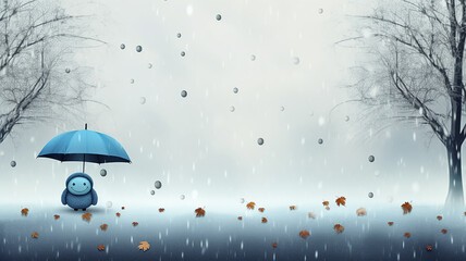 lonely cute animated cartoon with an umbrella in an autumn park, postcard illustration for children, fictional image