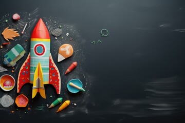 banner lay flat view top background blackboard painted paper cut rocket concept school back education up high achievement board bus cartoon chalk college crayons creative design element
