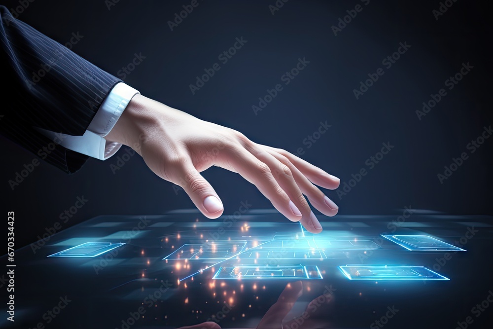 Aufkleber interface screen touch button pushing hand virtual multimedia innovation technology push digital adv