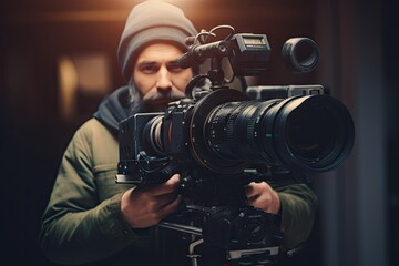 movie cameraman close nvideographer camera video videographer television studio digital film lens media operator motion picture man equipment professional occupation up person background - obrazy, fototapety, plakaty