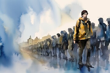 watercolor concept refugees ukraine peace war stop emigrant migration people store banner background crowd europa group crisis silhouette