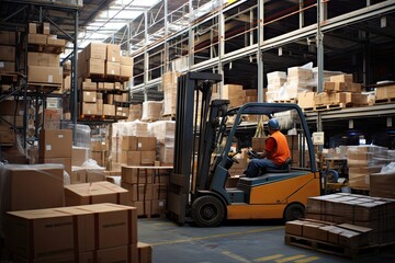 warehouse Busy pallet working tied-up distribution truck motion shelf factory industry activity indoor box cardboard business merchandise industrial forklift transportation storage plant stock - obrazy, fototapety, plakaty