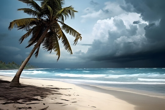 tropical beach view with white sand, turquoise water and palm tree at stormy day. Neural network generated photorealistic image. Not based on any actual scene or pattern.