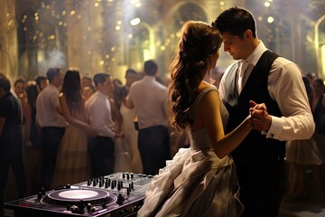 celebration wedding party couples dancing dj gig microphone background music reception event happy white woman marriage groom blur beauty people band male - obrazy, fototapety, plakaty