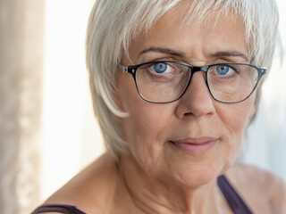 donna matura capelli bianchi occhi azzurri con occhiali da vista, 