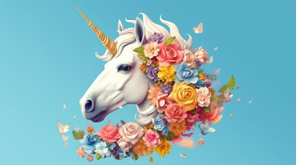 cute floral unicorn illustration over turquoise background