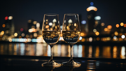 New Year's Eve Champagne Toast with Stunning City Skyline