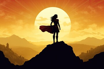 Female Superhero Silhouette Inspiring from the Mountain Summit - obrazy, fototapety, plakaty