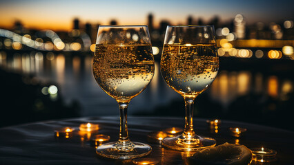 New Year's Eve Champagne Toast with Stunning City Skyline