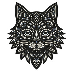 black and white cat, head decoration ornaments and arabesque, tribal, ethnic