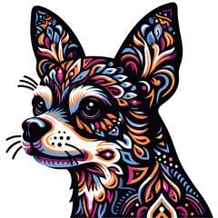 chihuahua huichol style, ornaments and arabesque colorful decoration, decoration ornaments and arabesque, tribal, ethnic