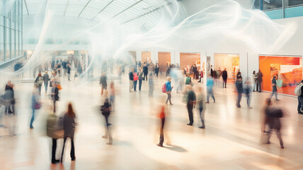 aerial view, a group of people in a large lobby, blurred background public space abstract airport or station