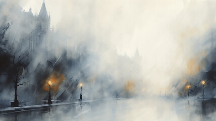 abstract watercolor landscape of autumn in light gray tones, loneliness panorama sketch