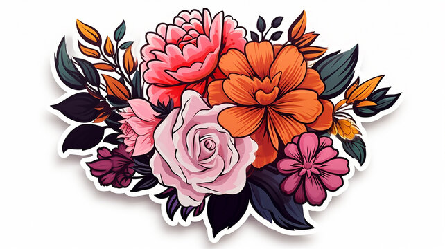 flat graphics sticker bouquet of multicolored flowers isolated cut out on the background