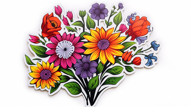 flat graphics sticker bouquet of multicolored flowers isolated cut out on the background